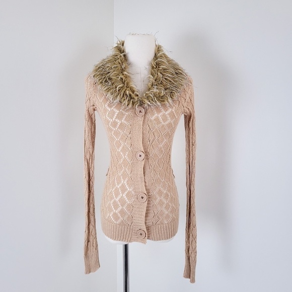 *Free With Purchase* Y2K knit long sleeve cardigan fur-trim collar ramie - Picture 7 of 11